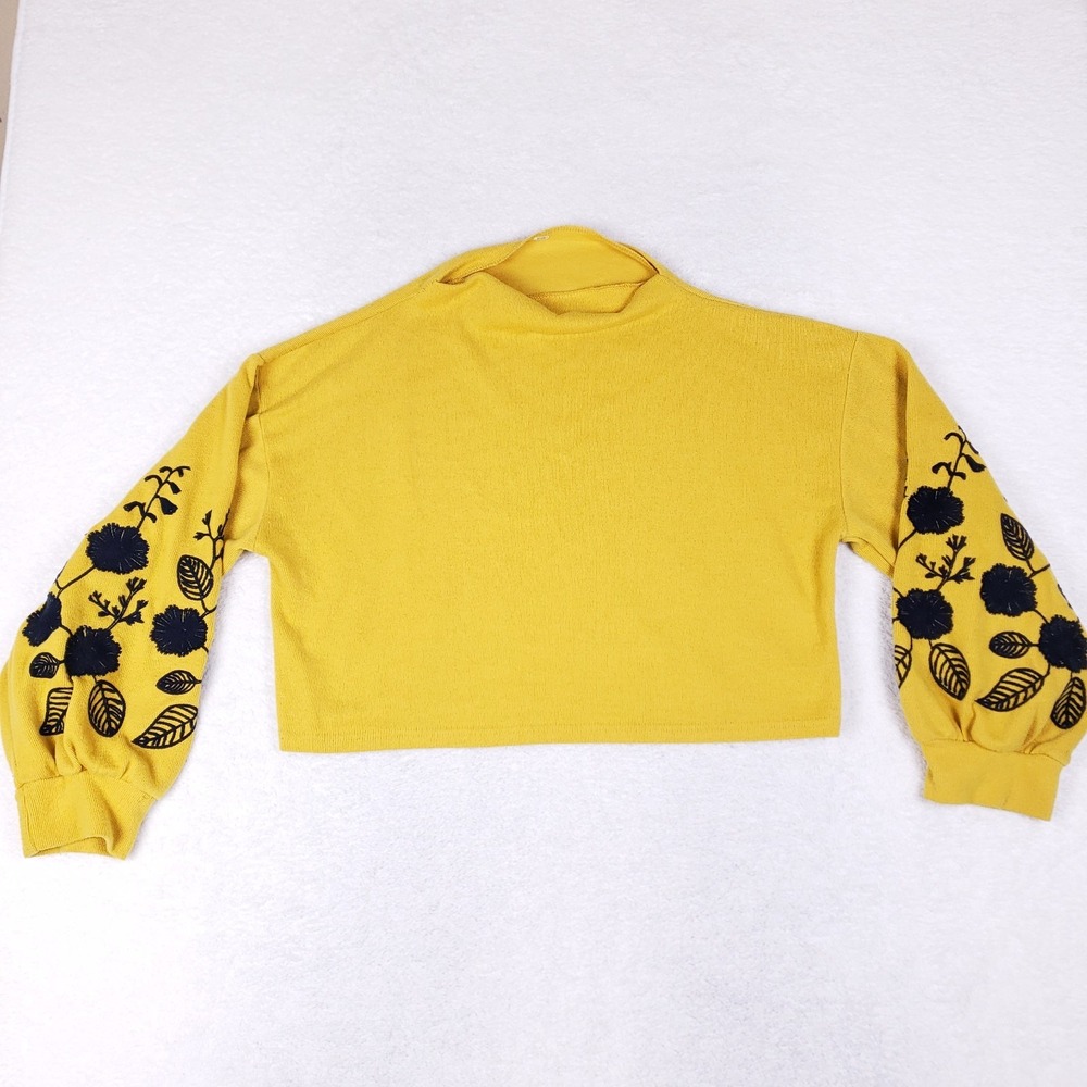 Mustard Yellow Embroidered Floral Balloon Sleeve Cropped Sweatshirt 2XL‎